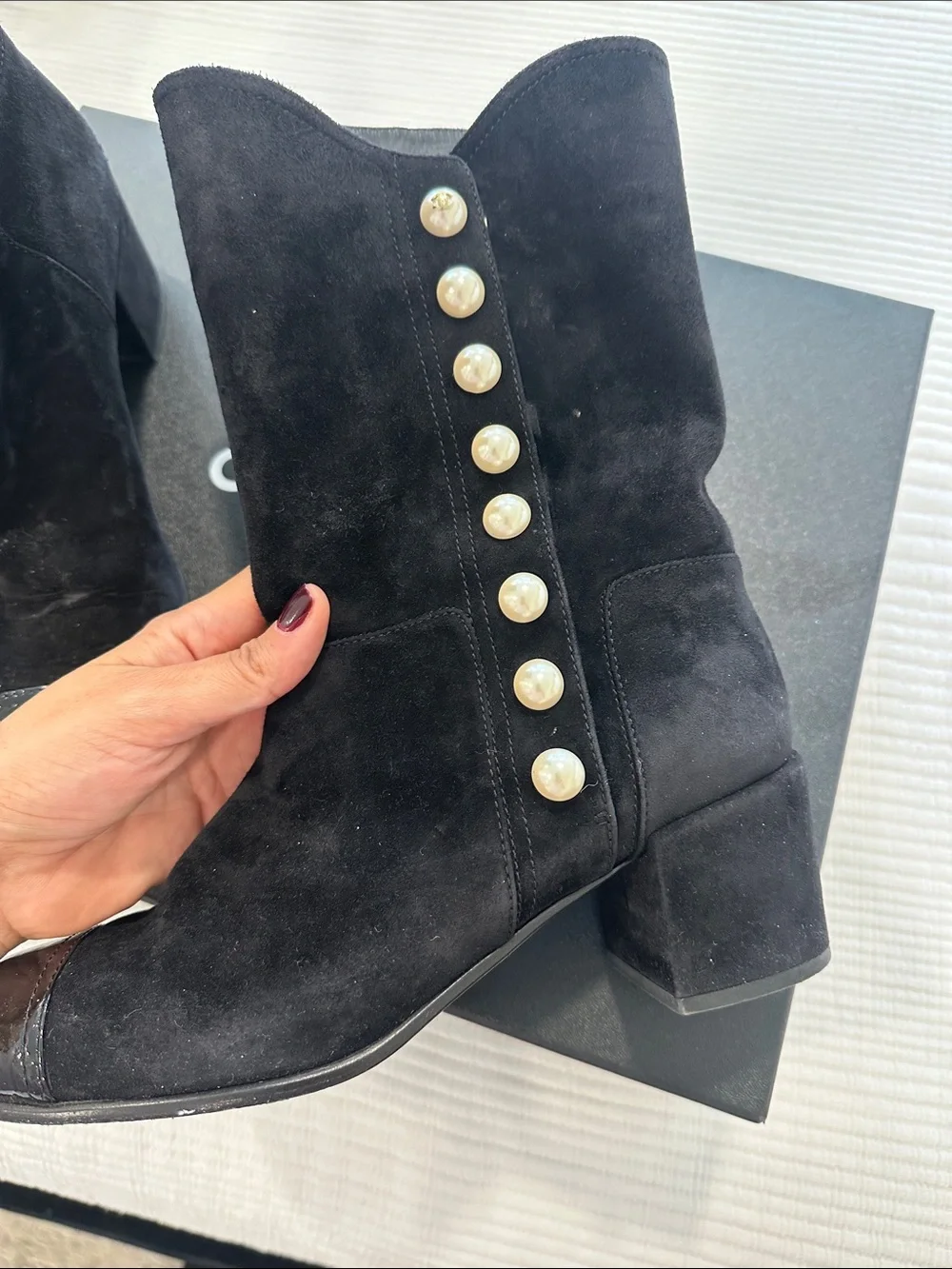 CHANEL Black Suede Mid-Calf Boots with Pearl Button Trim